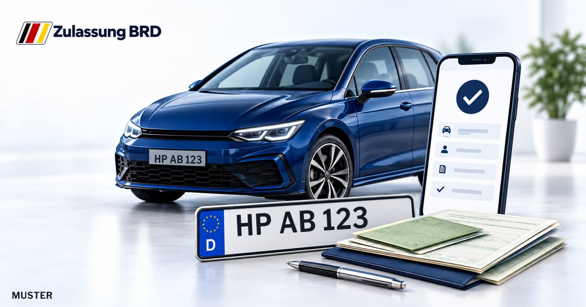 Online Fahrzeugzulassung in Mörlenbach: Musterkennzeichen HP AB 123, Auto und Fahrzeugpapiere und Smartphone. Illustration mit Logo von Zulassung BRD.
